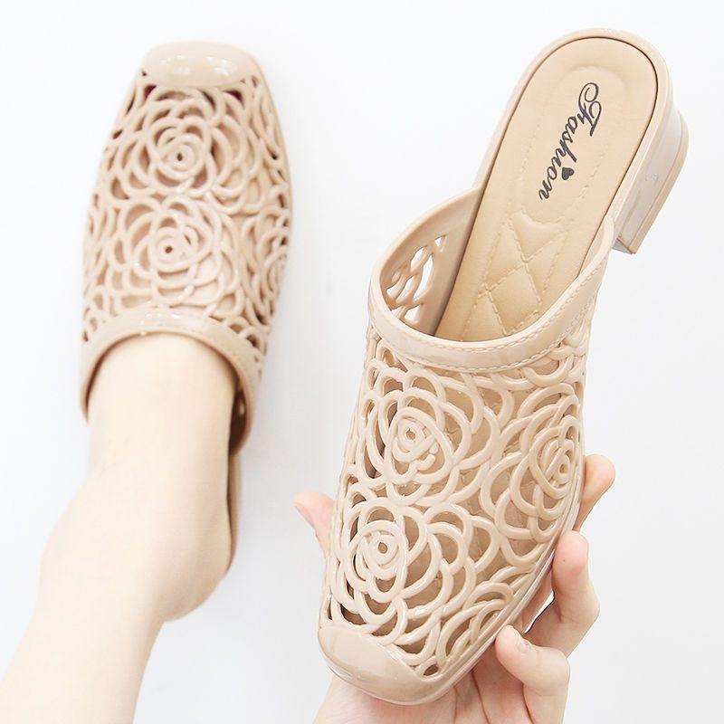 Outside Hollow Medium Heel Women's Slippers and Ladies Sandals On Beach Slides Casual Original Low Price Cheap Liquidation Shoes