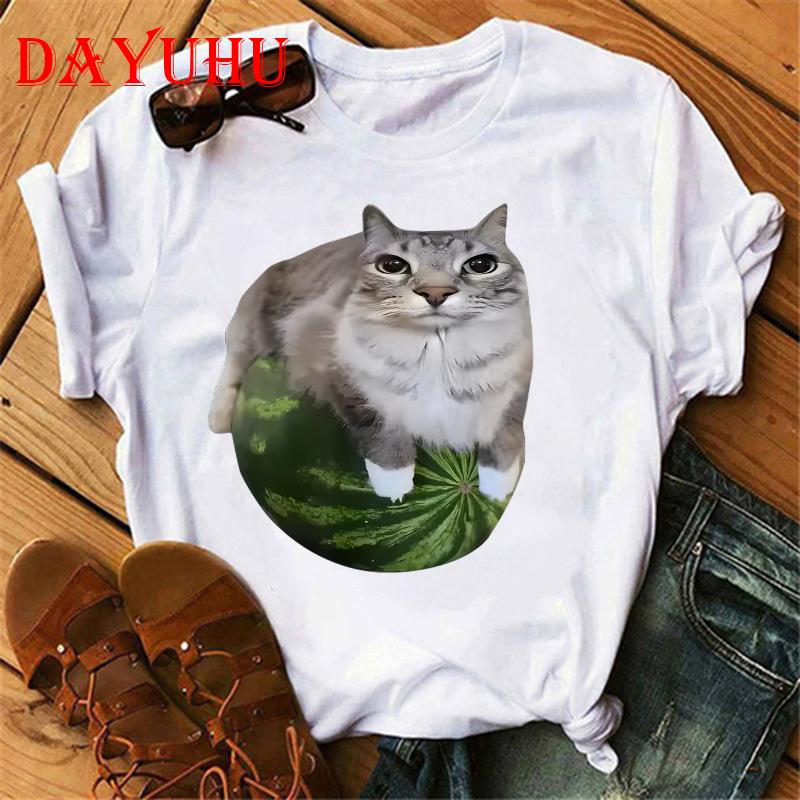 Female Funny T Shirt Watermelon Cat Silly Cat Meme T-Shirt A Hilarious Watermelon Print Shirt Is A Stylish Top Women