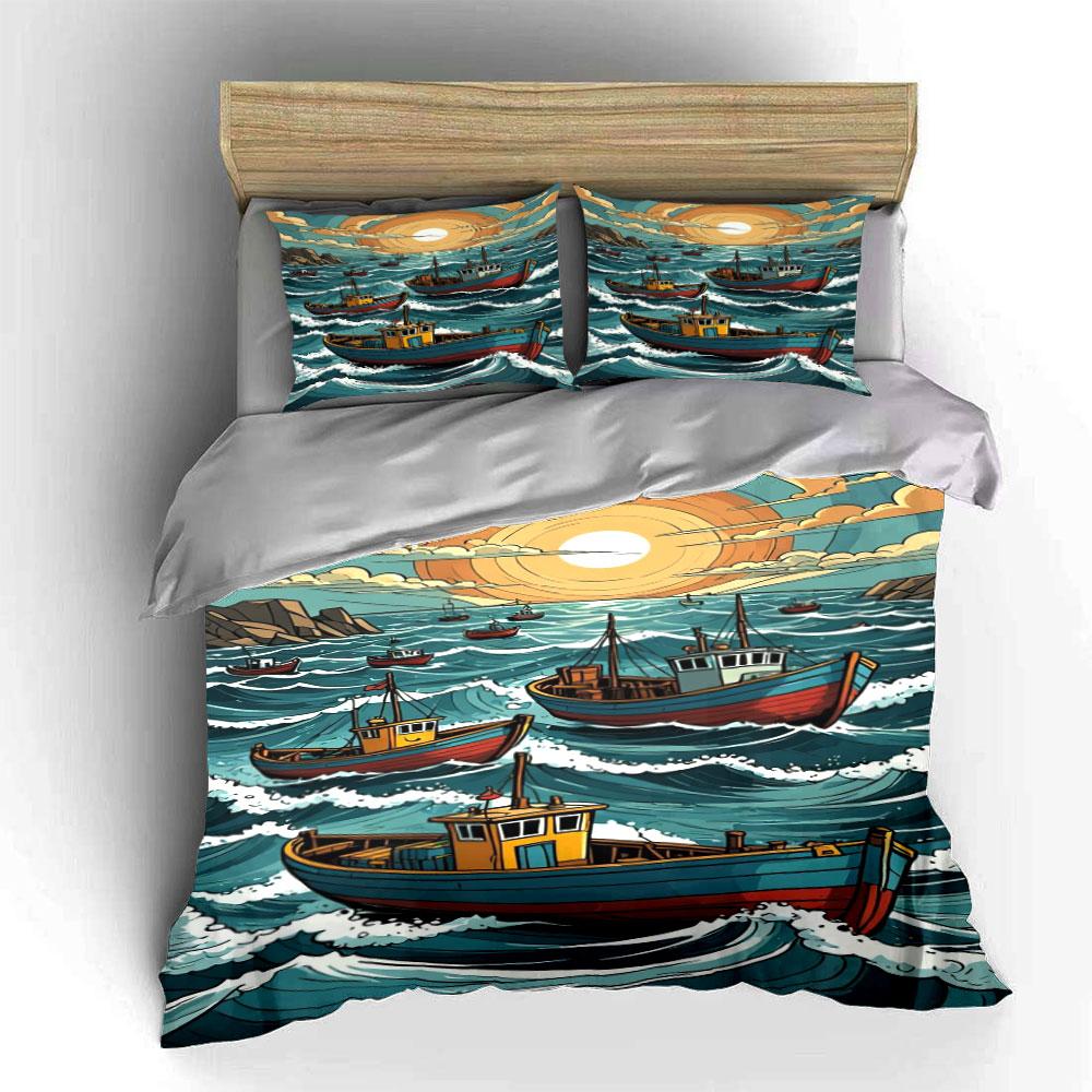 Boats, waves, sun, clouds. Bedding sets Duvet cover sets Duvet covers Pillowcases(1*Duvet Cover 2*Pillowcases without duvet insert)