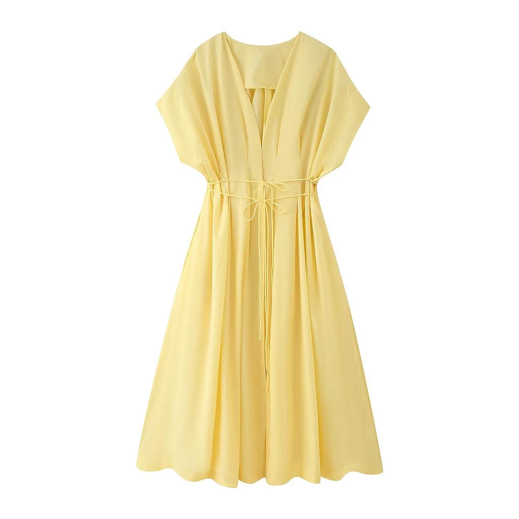 Vintage Women Dresses Fashion Single Breasted Sashes Draped V Neck Sleeveless Solid Ladies Dresses