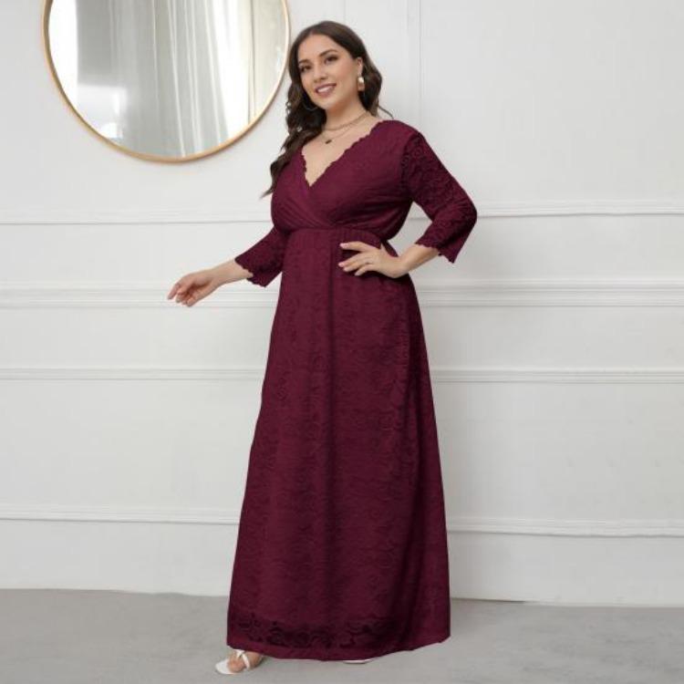 Plus Size Women Maxi Dress High Waist V Neck 3 4 Sleeve Long Dress Lace Flower Embroidery Wedding Vacation Dress