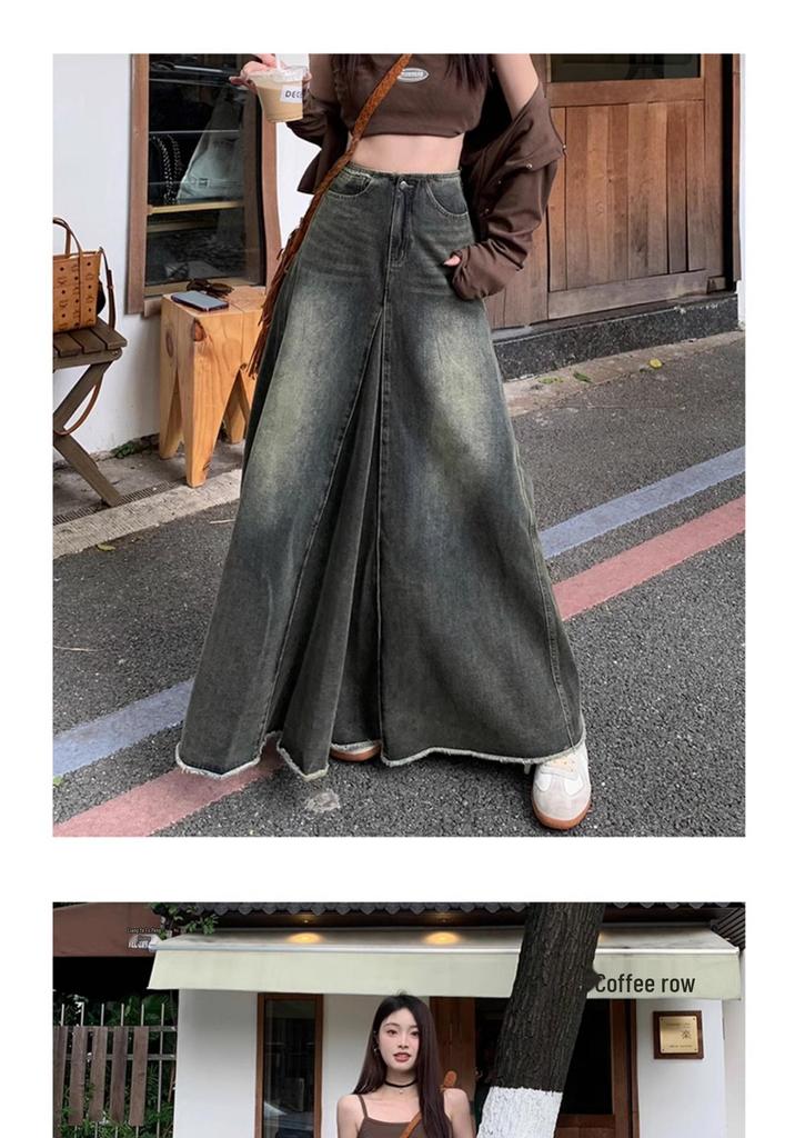 Plus Size Retro American-Style A-line Denim Skirt with Frayed Hem, High Waist, and Slimming Fishtail Design