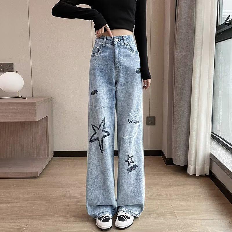 

Embroidered High-Waist Straight-Leg Jeans for Women - Spring/Autumn Trendy Floor-Length Pants Small синій