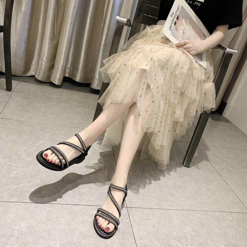 Fashion Woman Shoes Roman Style No Heel Rhinestones Outdoor Sandals for Women Asian Size On Sale Luxury 2025 Offer Vintage Summer Casual