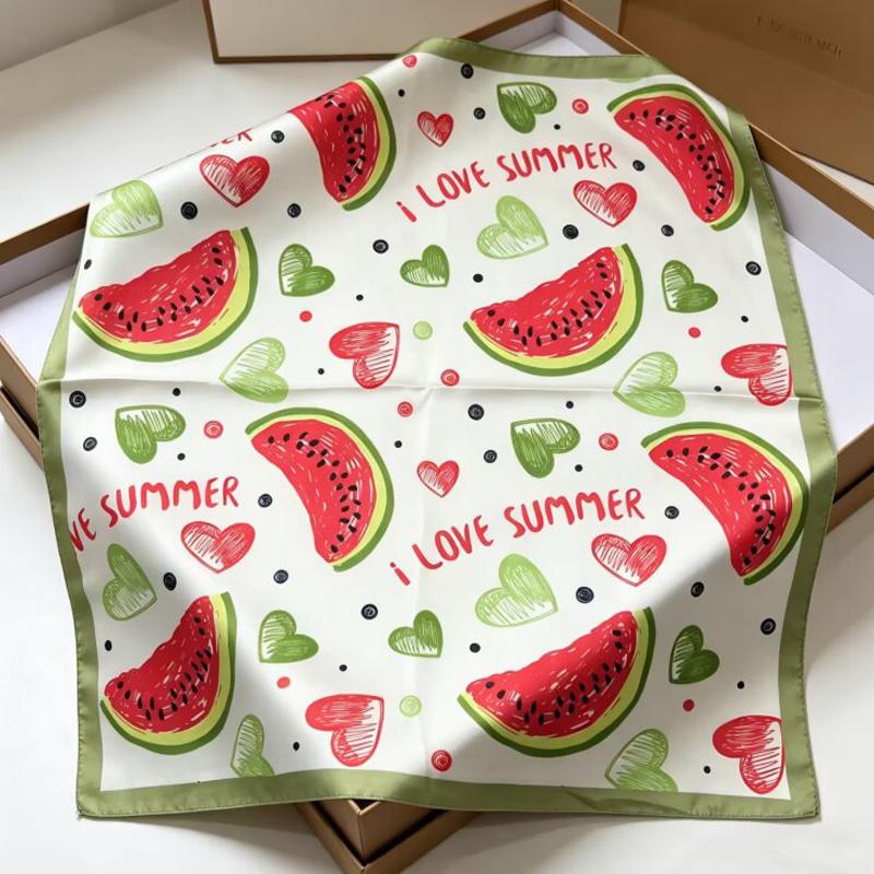 Cute Watermelon Fruit Print Square Scarf Satin Silk Lightweight Bandana for Women Beach Vacation Outfit Neck Hair Accessory