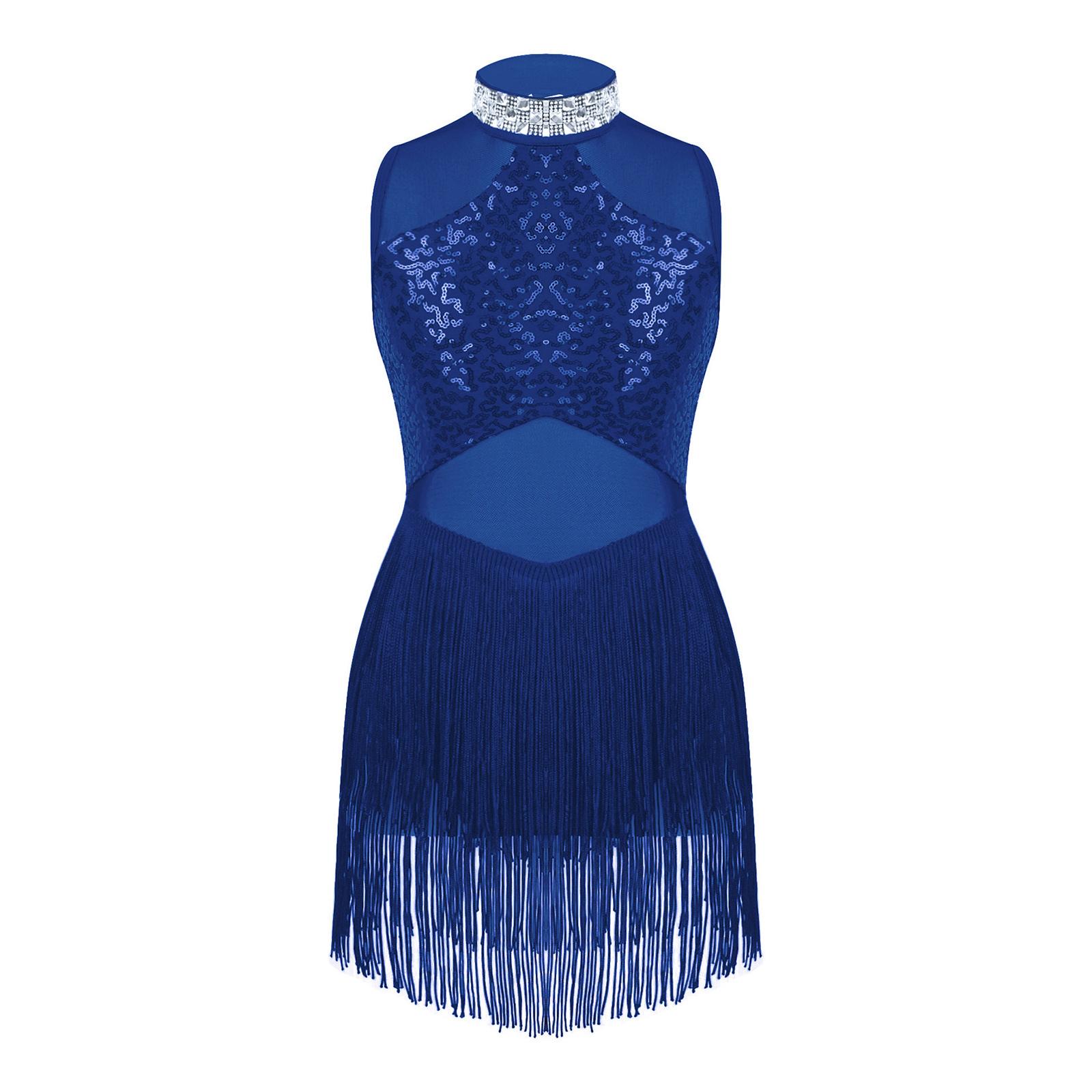 

Дитячий блискучий танцювальний одяг, прикрашений блискітками, сітчастий купальник з китицями та подолом 15-16 Years королівський синій колір