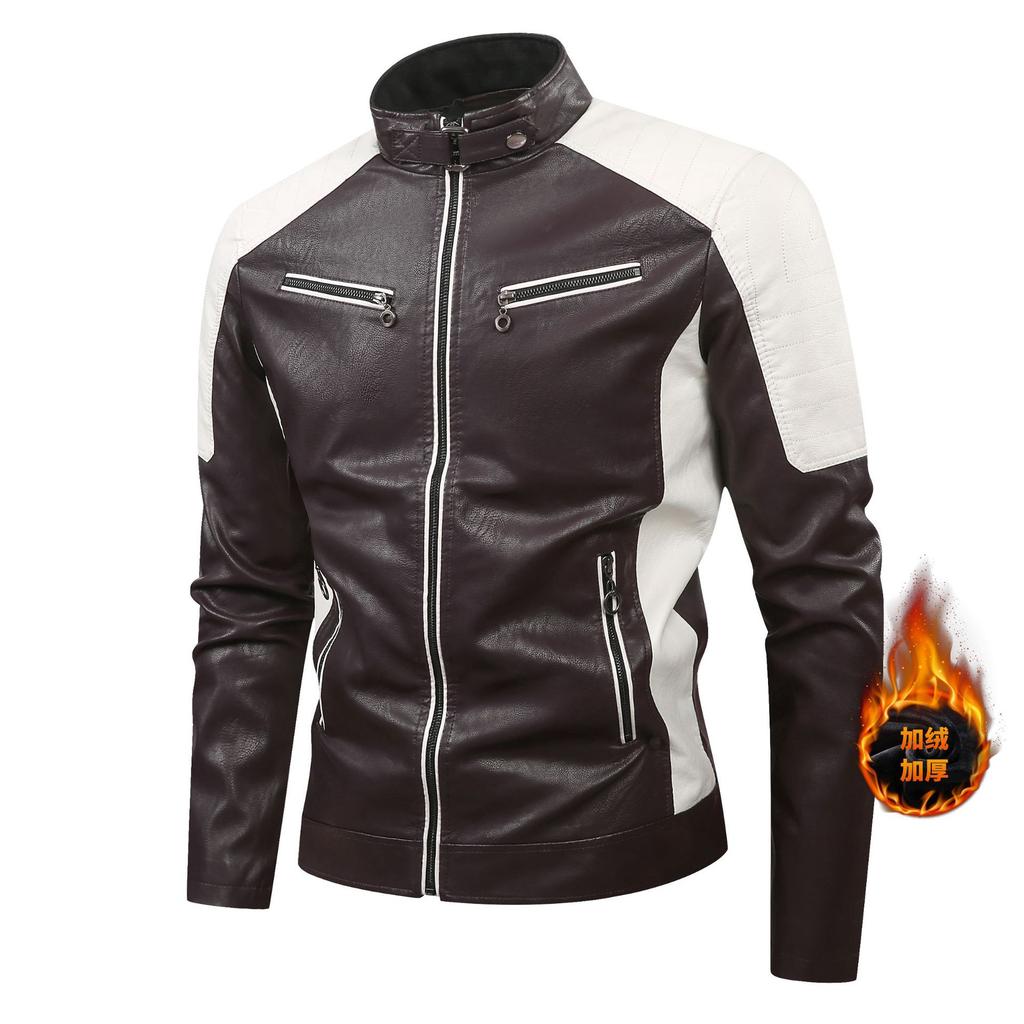 Fleece leather jacket for men, cold-proof and warm in autumn and winter, fleece leather jacket, heavy stand-up collar PU leather locomotive clothing