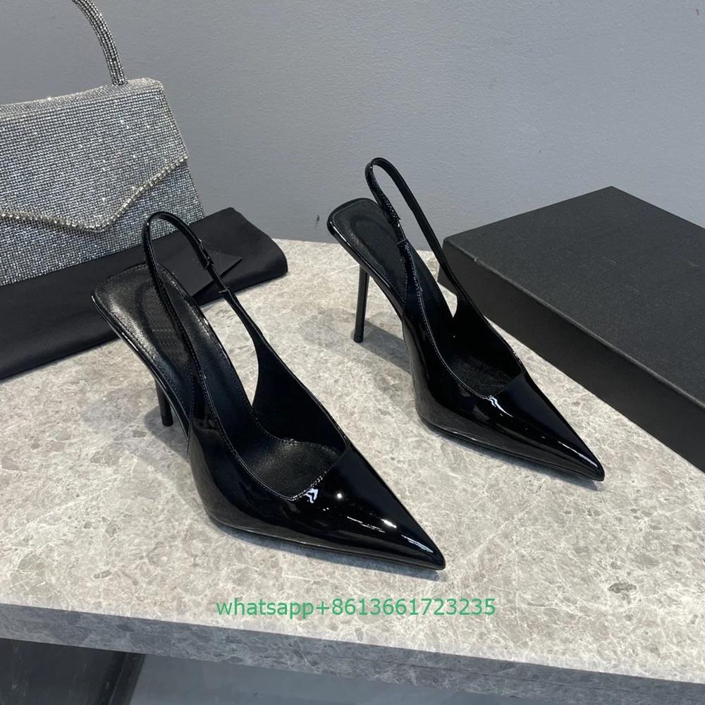 Fashion Slip On Back Strap Slingback Thin High Heels Patent Leather Square Shallow Women Pumps Pointed Toe Sexy Fashion Sandasl Pumps