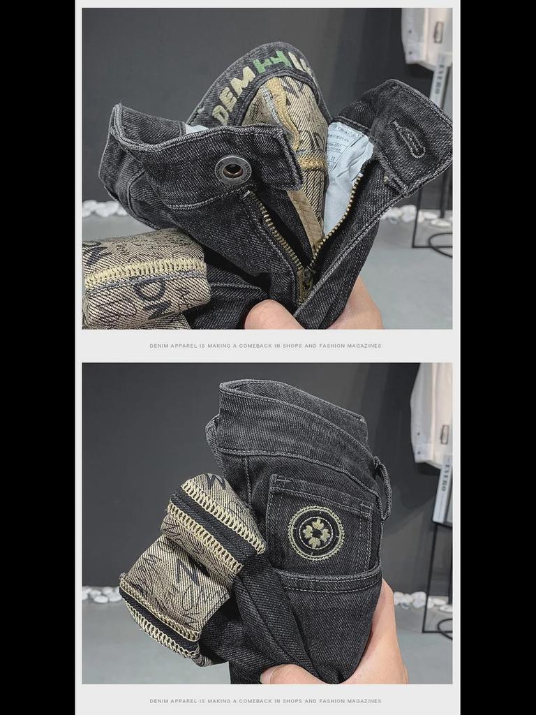 Brand Men's Trendy Elastic Embroidery Slim Straight Jeans