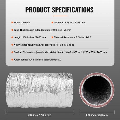 VEVOR Dryer Vent Hose, 203.2MM Insulated Flexible Duct 7.62M Long with 2 Duct Clamps