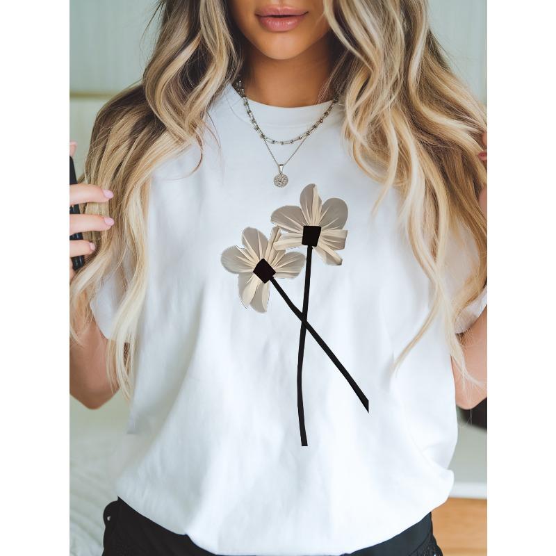 Women Round Neck Short Sleeve T-Shirt Letter Graphic Print Modern Floral Design Relaxed Fit Casual All-Season Comfort Top
