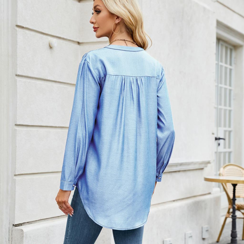 YYFS Women's Fashion Casual Spring Autumn Solid Color Print Long Sleeve V-Neck Blouses & Shirts