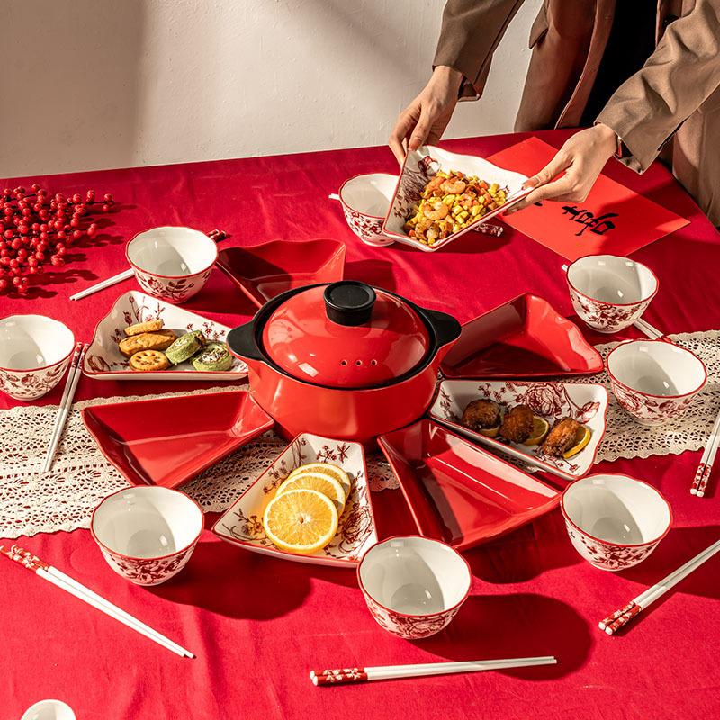 Rose Chinese Platter Ceramic Bowls And Plates Tableware Set Red Household Household Household Household High Temperature Casserole Stew Pot