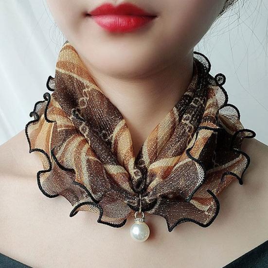 Faux Silk Scarf Lightweight Mesh Soft Shiny Touch Edge-covered Design Scarf with Faux Pearl Decor Neck Decoration