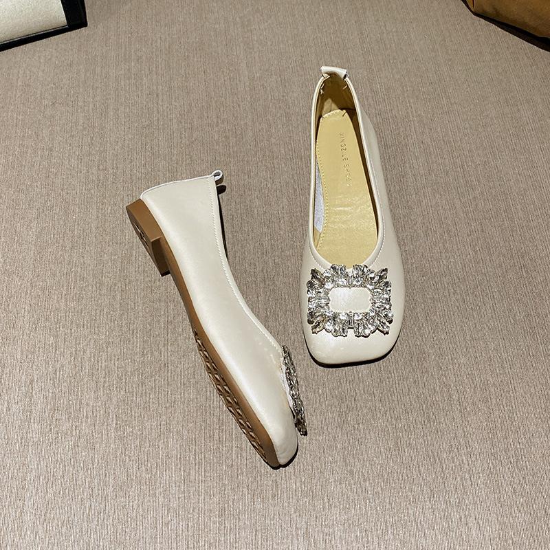 Leather single shoes women's flat shoes rhinestone buckle square head night breeze gentle shoes soft leather soft sole comfortable sheepskin grandm