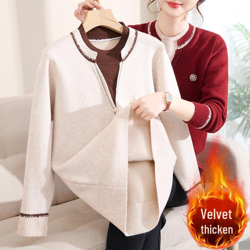 Women's Red Velvet-Lined Knitted Top: Warm, Stylish Casual Base Layer for Middle-Aged and Elderly