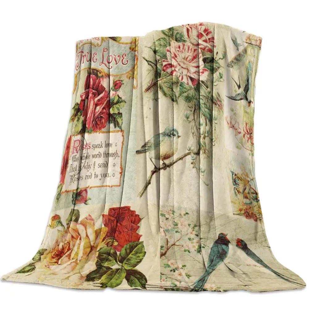 Flannel Blanket for Bed Garden Vintage Flower Bird Butterfly Throw Blanket Portable Soft Blanket Warm Sofa Bed Sheets King Size