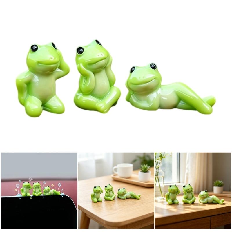 Set of 3 Frogs Desk Decors Mini Resin Figurines with Playful Poses for Monitor Top Shelves Entryway Tables Styling or Car Dashboard Display
