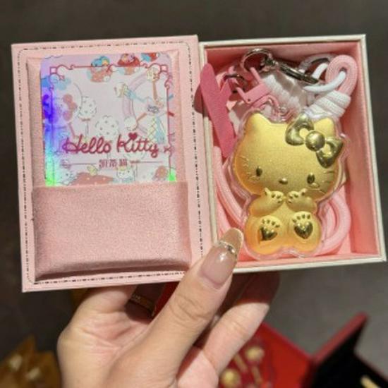 Solid Gold Hello Kitty Cat Pendant Keychain Charm for Mobile Phone or Bag