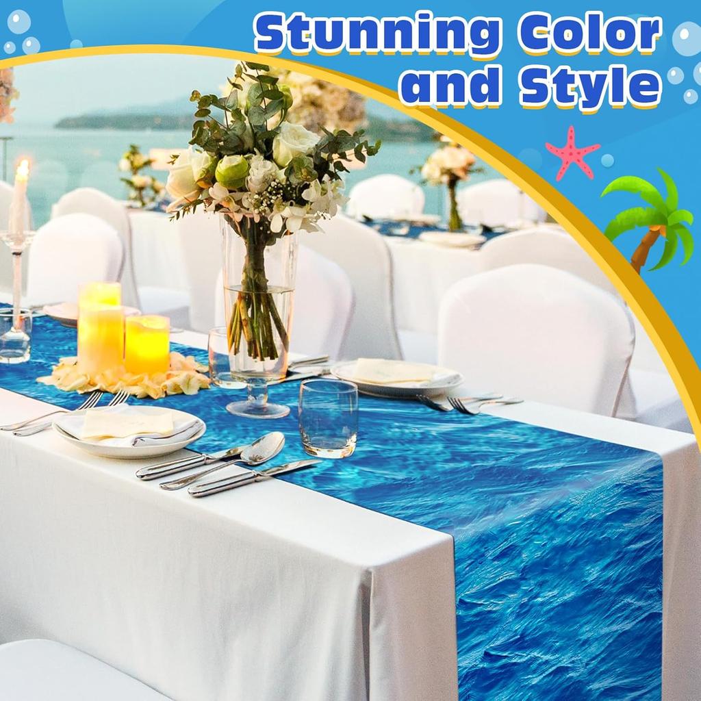 VitalCozy 6 Pcs Ocean Plastic Table Runner 14 x 108 Inch Disposable Blue Water Print Coastal Table Runner for Summer Beach Birthday Mermaid Theme