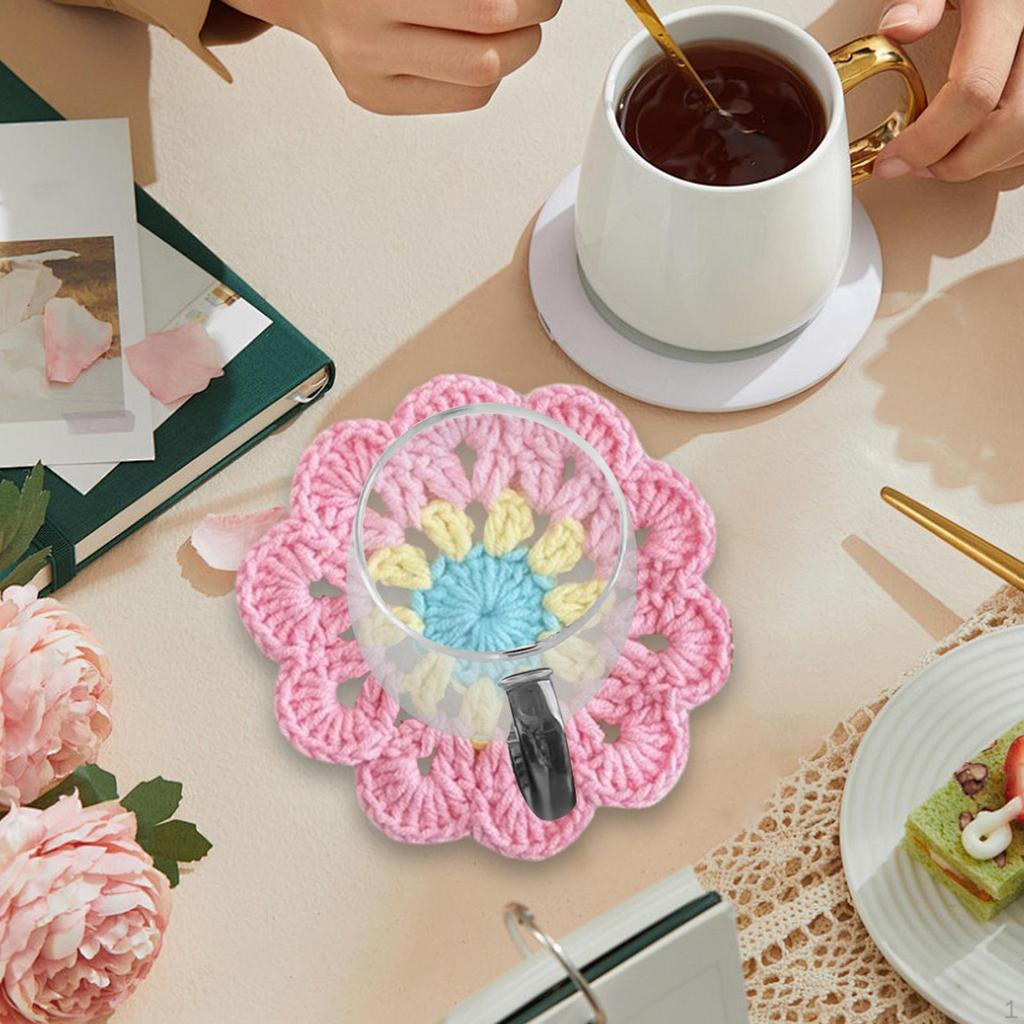Crochet Coaster Coffee and Tea Flower Shape Round Woven Funny Gift Non Slip Decoration Cup