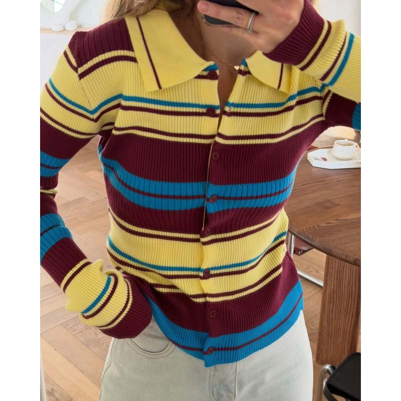 Chic Fall Slim Fit Striped Knit Cardigan Retro Youthful Long Sleeve Top Women