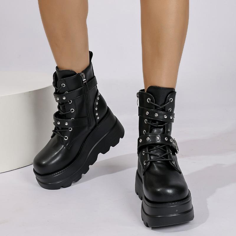 Fashion 2025 New Women's Pu Leather Ankle Boots Women Autumn Winter Round Toe Lace Up Shoes Woman Motorcycle Platform Botas Gothic Shoes