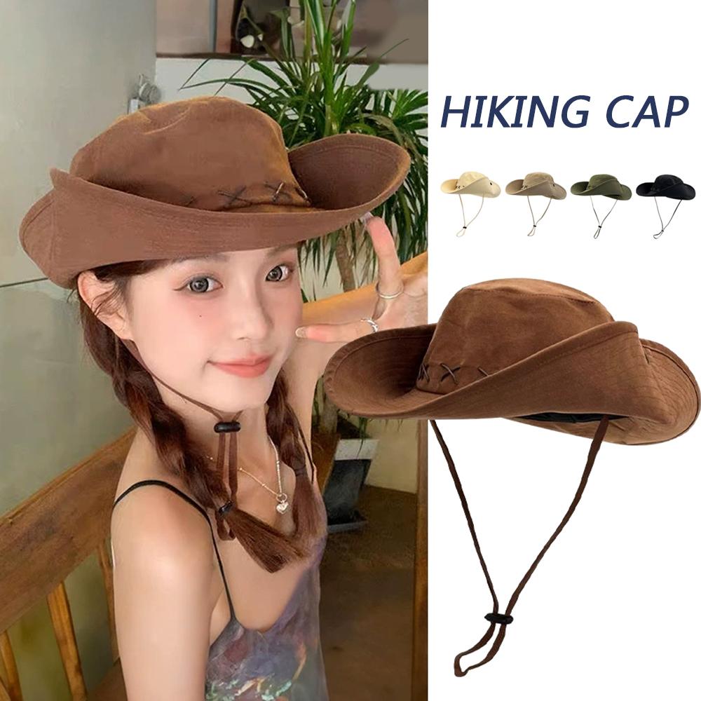 Large Brim Fisherman Cap Breathable Western Cowboy Hat Casual Vintage Sun Protection Travel Basin Hat Strap Camping Bucket Hat