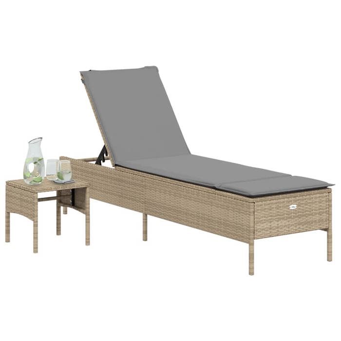 VidaXL Chaise longue avec table et coussin beige résine tressée, transat, lit de repos de jardin, meuble d'extérieur, chaise 4002731
