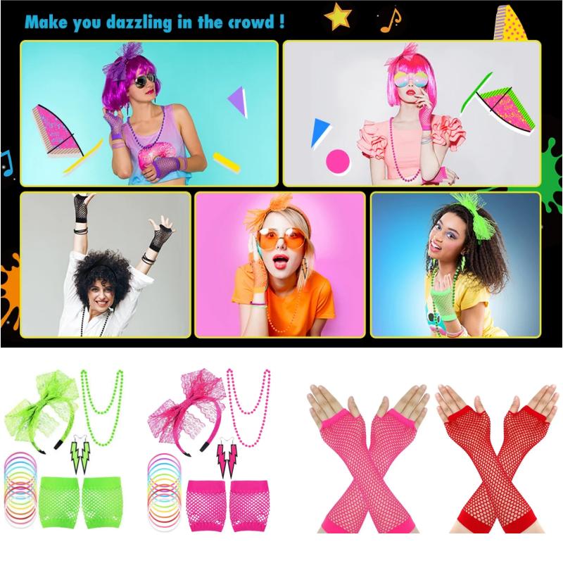 Halloween 80s Fancy Party Costume Set Lace Headband Neon Earrings Fingerless Fishnet Gloves Accessories Women Clothing Typical