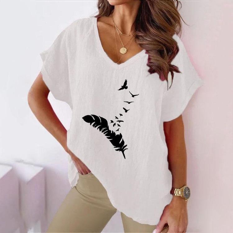 Summer V Neck Batwing Sleeve T Shirt Women Feather Print Blouse S белый