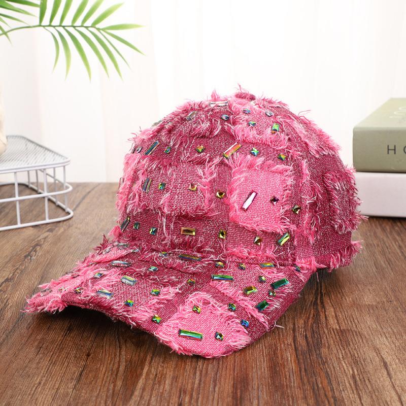 Fashion Hat hats, European and American style handmade diamond-studded ripped denim baseball hats, trendy women's rhinestone sunshade baseball