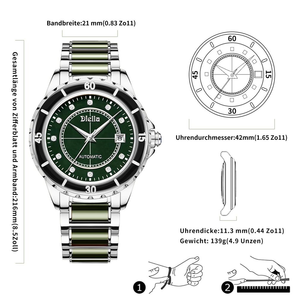 Diella Men's Mechanical Watch with Jadeite Cut, Unique Texture, Date Display, Luminous Hands and Markers, and 5 ATM Water Resistance (AD6020-SI)
