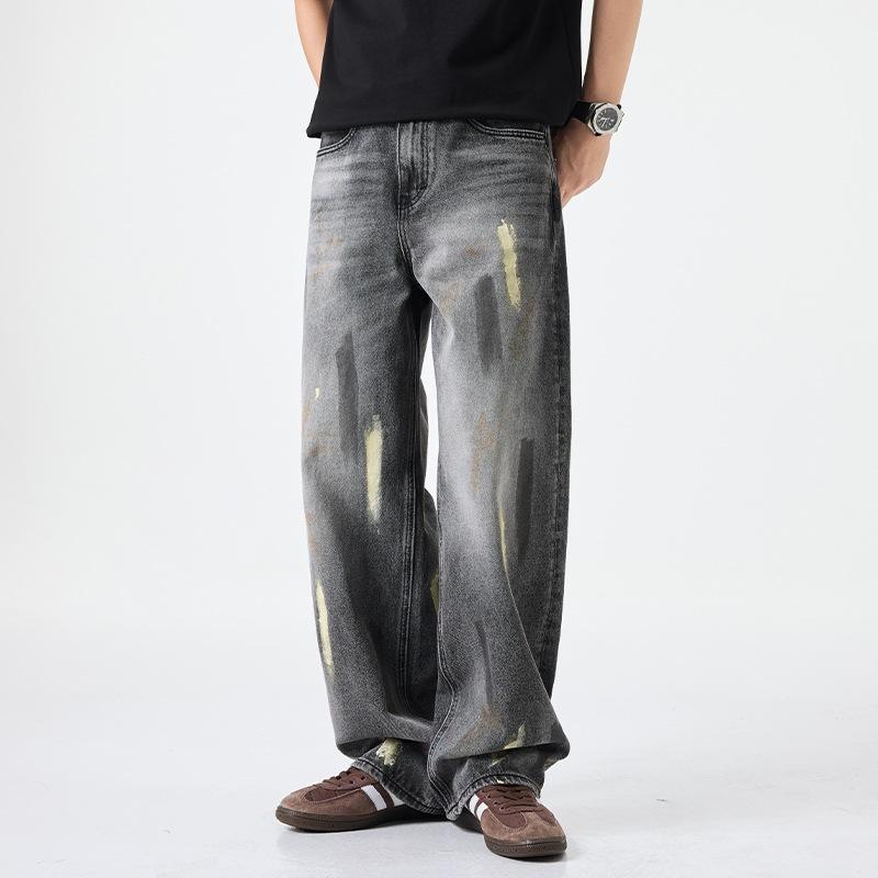 New dark wind hand-painted graffiti wide-leg jeans, men's spring and autumn versatile high street casual trousers