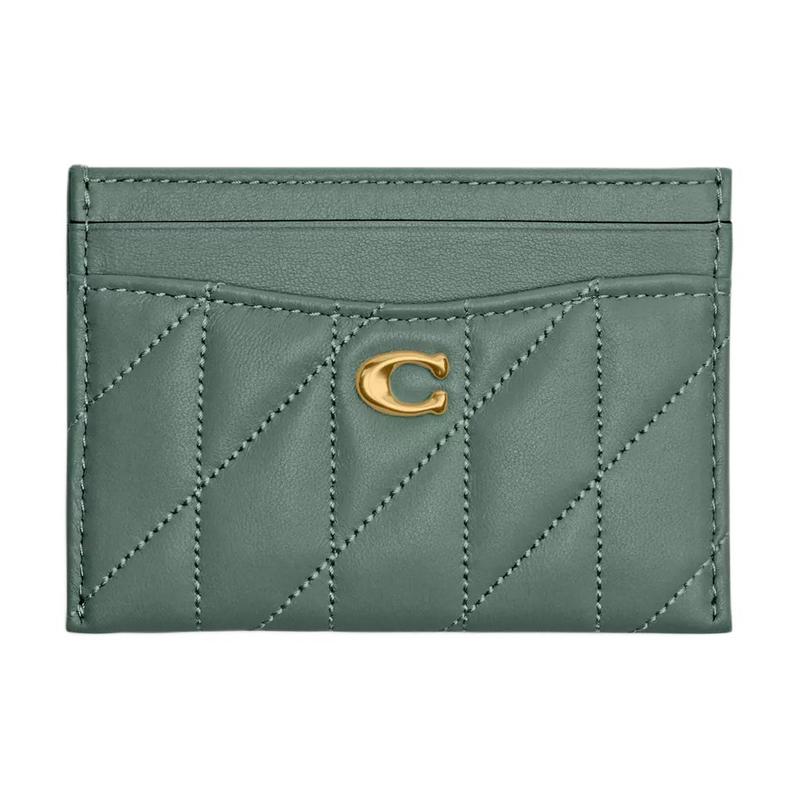 COACH Essential old Logo Stripe Quilted Nappa Leather Card Holder Women s Brass with Sage brass spelled sage золотой
