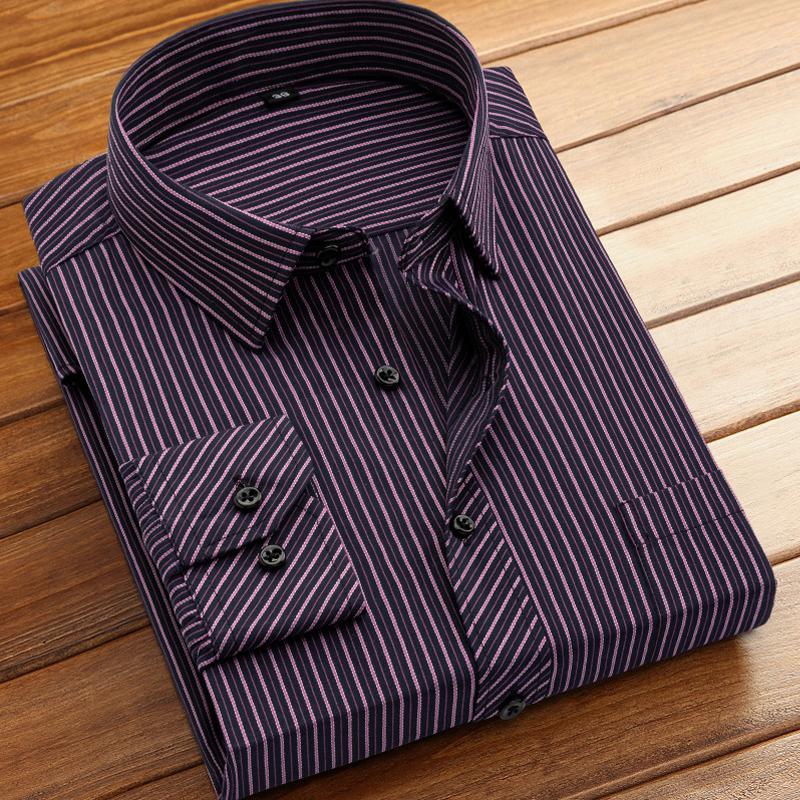 Camisas de Vestir Básicas de Algodón para Hombre de Manga Larga Clásicas a Rayas con un Bolsillo de Parche Ajuste Estándar Formal de Negocios Camisa Social de Oficina