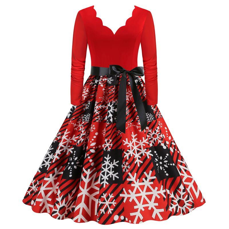 European and American Retro Autumn Burning Flowers V-neck Slim Fit A Word Snowflake Elk Christmas Mid-Length Long Sleeve Dress Formal Dress