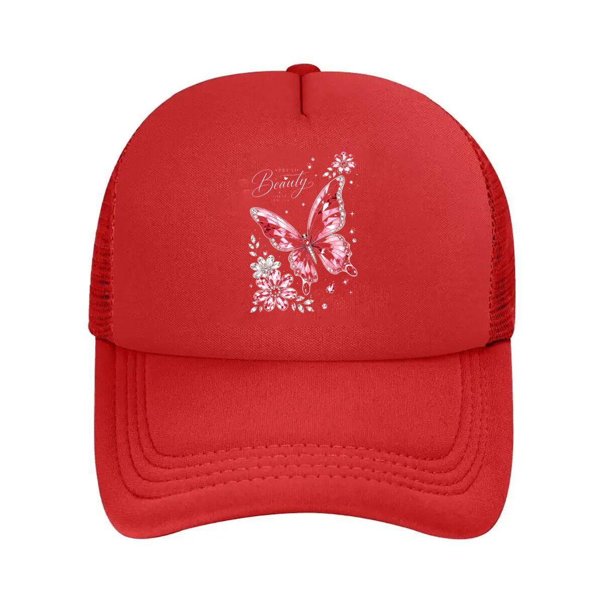 Radiant Pink Gem Butterfly Blossom Mesh Baseball Cap Hip Hop Adjustable