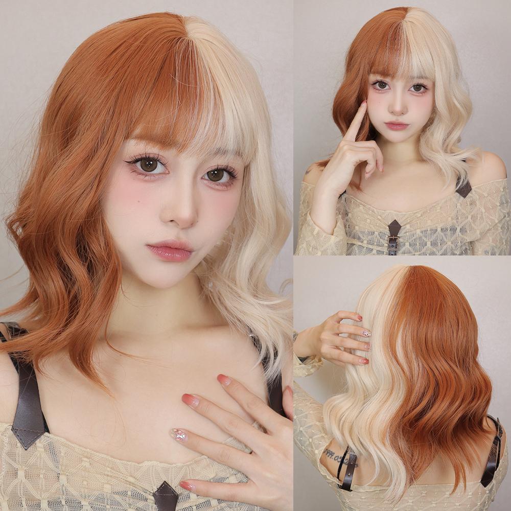 Short Bob Gray Purple Synthetic Wigs with Bangs Curly Cosplay Purple Ombre Wig for Women Afro Natural Wave Hair Heat Resistant