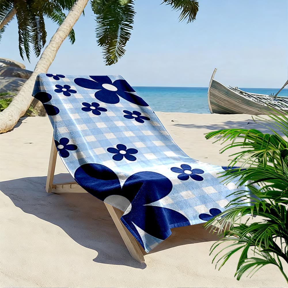 Blue Floral Pattern on Checkered Background Beach towel quick-drying for travel outdoor sports jogging beach and swimming