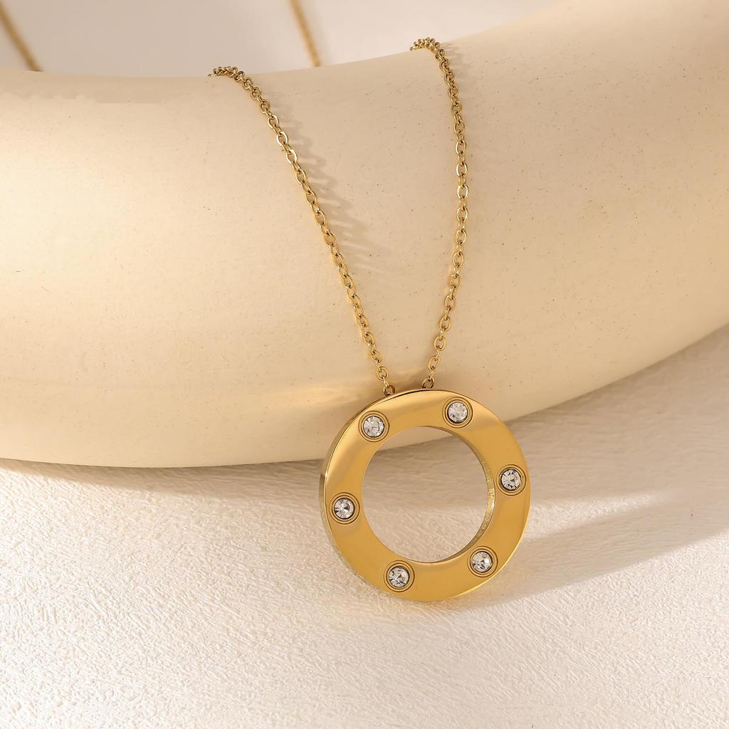 18K Gold-Plated Zircon Disc Necklace - Elegant Titanium Steel Clavicle Chain for Women