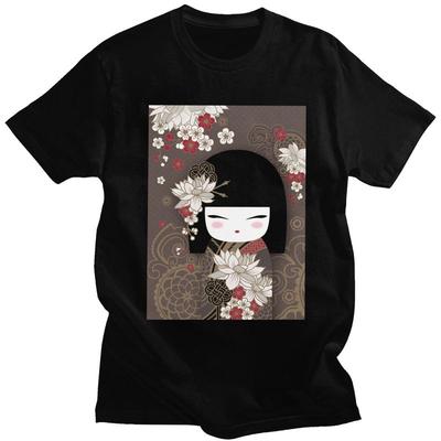 T-shirt da uomo in 100% cotone con bambola Kokeshi personalizzata e fiori di ciliegio, magliette a maniche corte, T-shirt con ragazza Geisha Kimono giapponese
