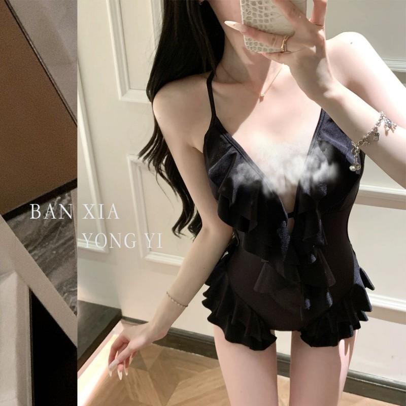 

New s Ruffled High-quality Black One-piece Swimsuit Small Chest Pure Desire Style Slimming Vacation M чёрный