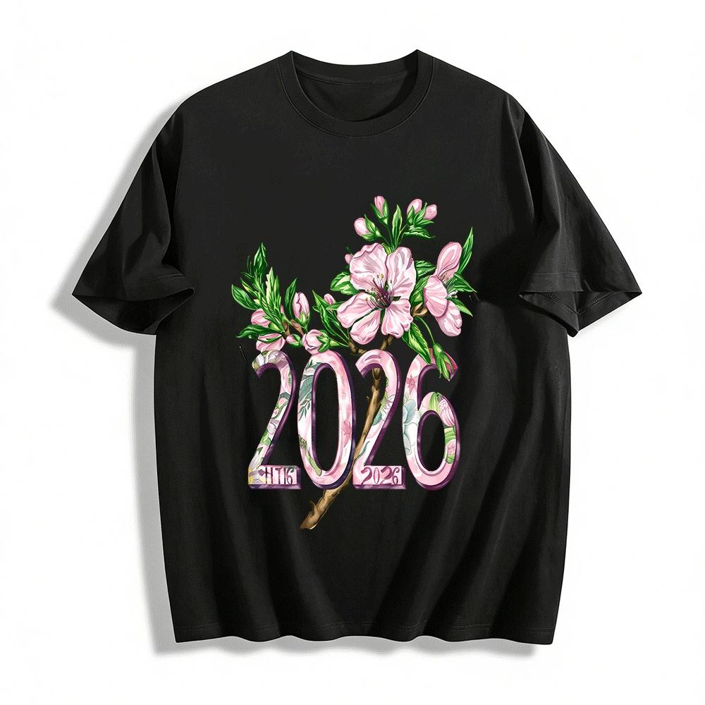 

2026 Peach Blossom Print Chinese Style Casual New Year Top Pure cotton T-shirt XXS