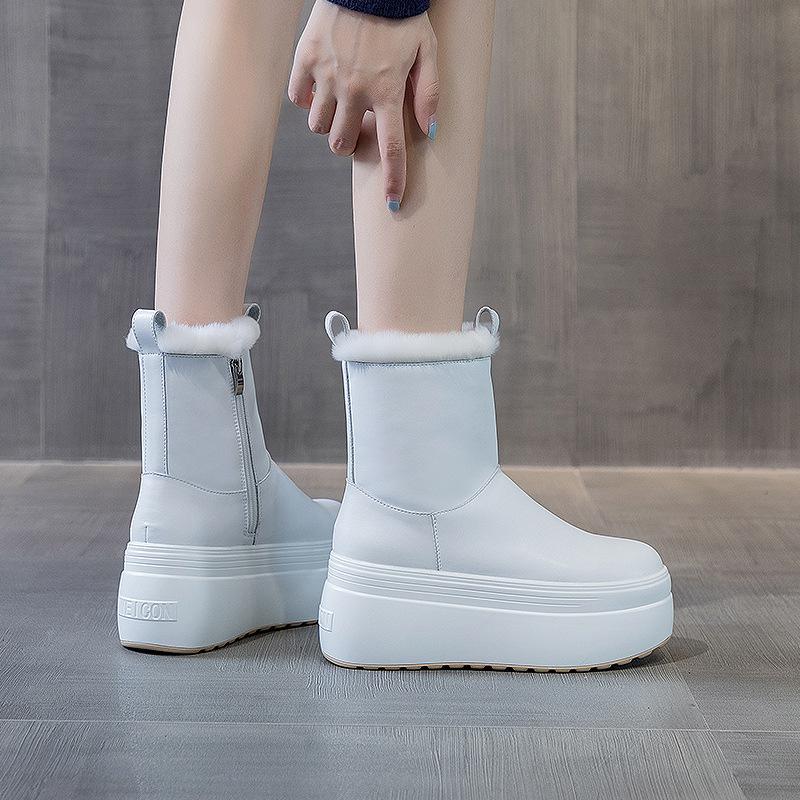 

Жіночі зимові черевики 2025 нові оксамитові з натуральним волоссям теплі снігові бавовняні на товстій підошві мафіни шкіряні чоботи середньої халяви прості 33