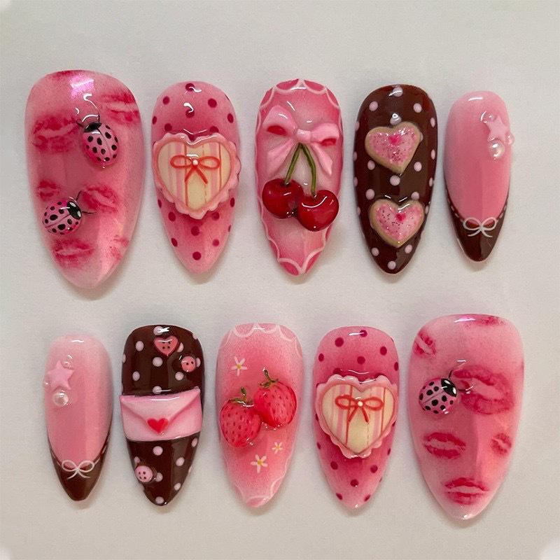 

Korean Style Cute Bow Polka Dot 3D Blush Press-On Nails, Summer Edition - 30 Pieces