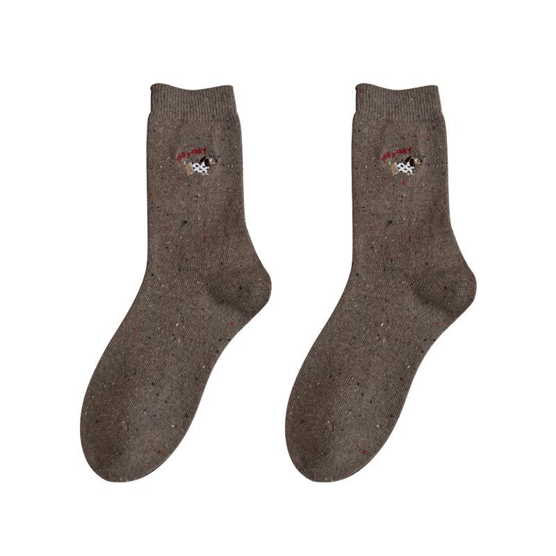 Damskie wełniane skarpety do połowy łydki: Przędza z nierównościami, Haft z pieskiem, Bezszwowy i oddychający, Jesienno-zimowy wzór kreskówkowy