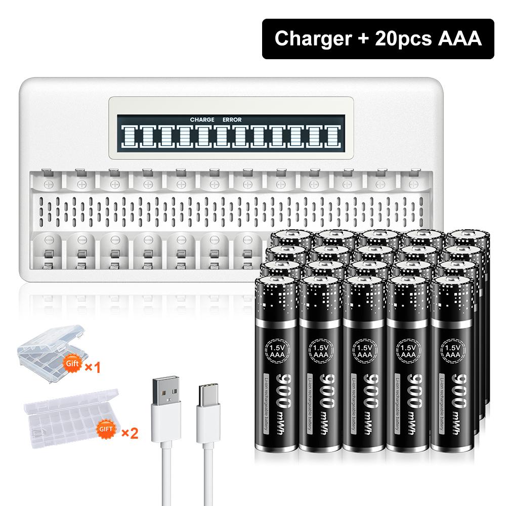 PALO Batería Recargable de Litio Li-ion 3400mWh 1.5V AA 900mWh 1.5V AAA Baterías de Litio AA AAA +Cargador de Baterías AA AAA de 12 Ranuras 1.5V