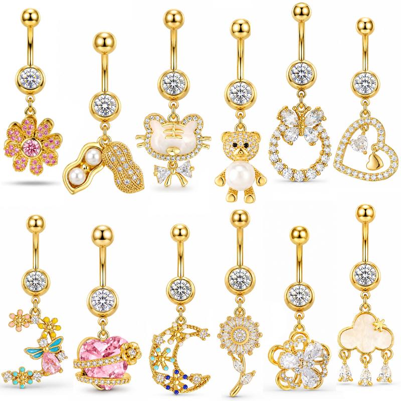 Golden Zircon Belly Button Rings Stainless Steel Long Pendant Women Charming Navel Jewelry Daily Wear Belly Button Rings