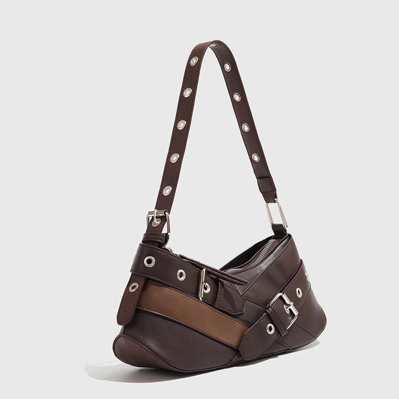 Genți de umăr vintage din piele PU neagră pentru femei, stil Y2K, pentru fete, maro, geantă de sub braț, Goth Punk Moto, genți de mână de modă feminină
